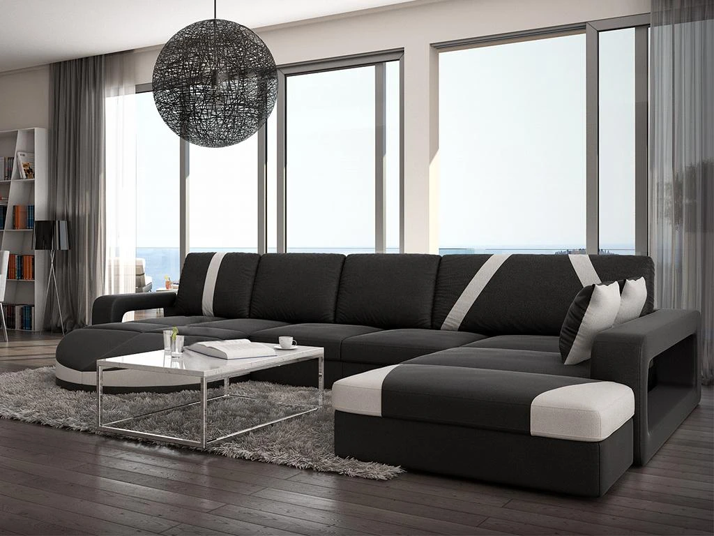 Canapé D'angle Droit En Simili MINTIKA - Noir Et Bandes Blanches 2 Canapé D'angle Droit En Simili MINTIKA - Noir Et Bandes Blanches – Image 2