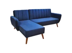 Canapé Angle Gauche Convertible Velours Bleu Et Piètement Bois - URSULE