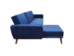 Canapé Angle Gauche Convertible Velours Bleu Et Piètement Bois - URSULE -Canapé Soldes Boutique canape 10686023