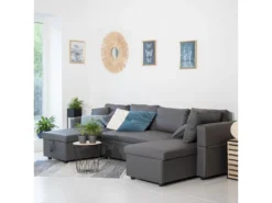 Canapé Panoramique Convertible Simili SCOTT 4 Places Gris - HAPPY GARDEN