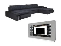 Ensemble Canapé D'angle Panoramique Convertible Et Réversible Noir Et Anthracite AZELMA Et Mur TV Blanc BLAKE