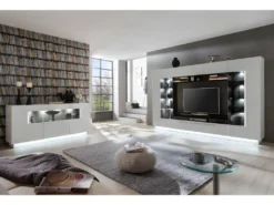 Ensemble Canapé D'angle Panoramique Convertible Et Réversible Noir Et Anthracite AZELMA Et Mur TV Blanc BLAKE -Canapé Soldes Boutique canape 10885997