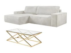 Ensemble Canapé D'angle Gauche Convertible Beige AMELIA Et Table Basse Dorée CHARLOTTE