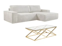 Ensemble Canapé D'angle Droit Convertible Beige AMELIA Et Table Basse Dorée CHARLOTTE