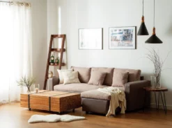 Canapé Angle Gauche Convertible 3 Places En Tissu Beige Et Marron TAMPERE