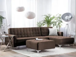 Canapé Angle Gauche Convertible En Tissu Marron Foncé 4 Places Avec Pouf ABERDEEN