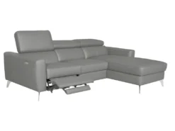 Canapé D'angle En Cuir Italien De Luxe 5 Places BOTERO, Avec Relax électrique, Gris Clair, Angle Droit