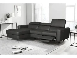 Canapé D'angle En Cuir Italien De Luxe 5 Places BOTERO, Avec Relax électrique, Noir, Angle Gauche