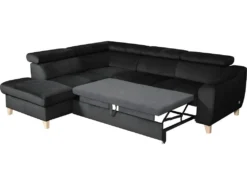 Canapé D'angle Convertible En Tissu Velours Luxe 5 Places, ASTERIA Noir, Angle Gauche -Canapé Soldes Boutique canape 12331785