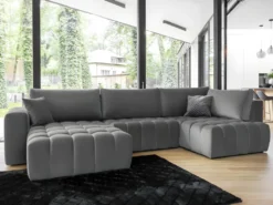 Canapé D'angle Droit Panoramique Convertible En Velours Gris ESILIA -Canapé Soldes Boutique canape 12462303