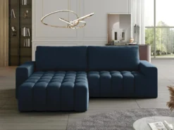 Canapé D'angle Gauche Convertible En Velours Bleu Nuit ESILIA