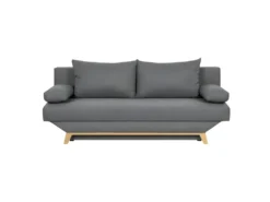 TEIJO Banquette Convertible 3 Places + Coffre De Rangement - Pieds Bois Clair - Tissu Gris Clair - L187 X P 91 X H 82 Cm