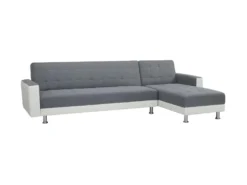 Canape Dangle 3 Places Reversible - Tissu Gris Et Simili Blanc - Pieds En Acier - L 277 X P 157 X H 80 Cm - IVANA -Canapé Soldes Boutique canape 12536117