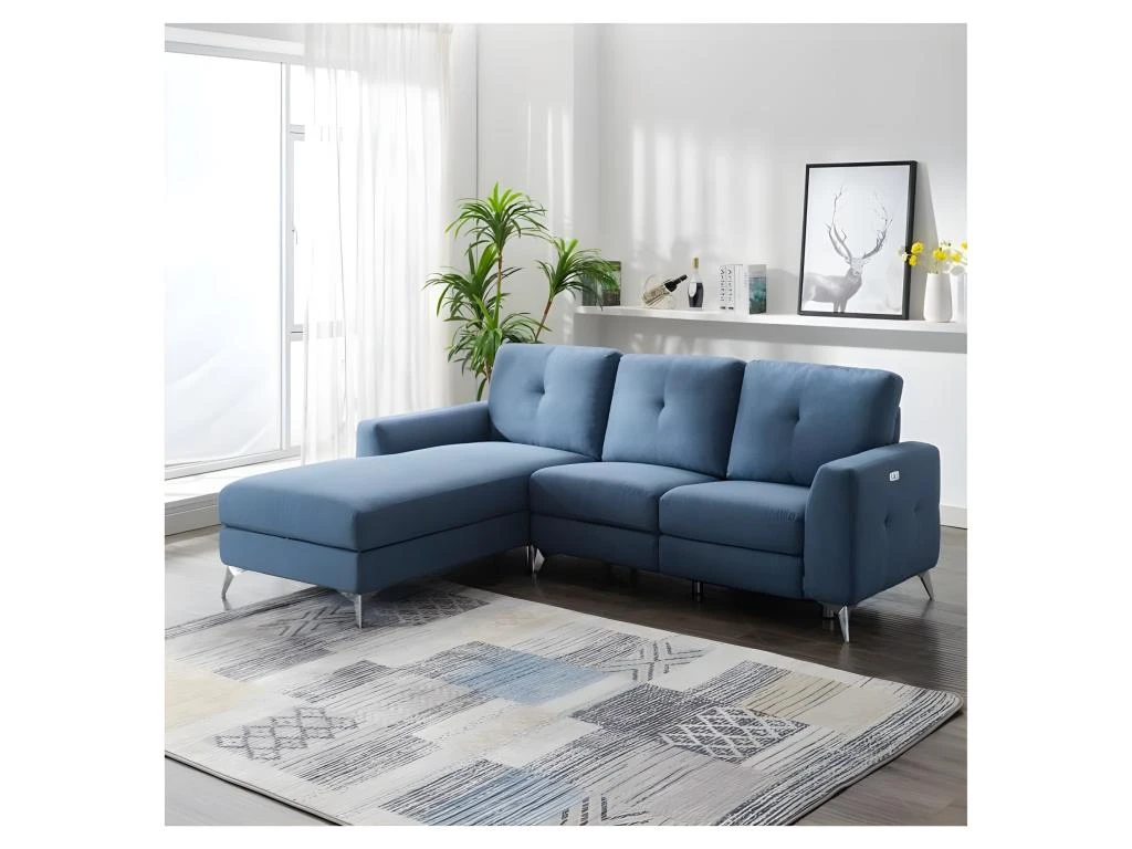 Canape Dangle Gauche Avec 1 Place Relax Electrique + Coffre - Tissu Bleu - L 260 X P 51 X H 90 Cm - FRANKLIN 2 Canape Dangle Gauche Avec 1 Place Relax Electrique + Coffre - Tissu Bleu - L 260 X P 51 X H 90 Cm - FRANKLIN – Image 2