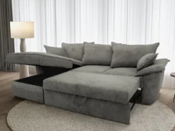 Canapé D'angle Gauche Convertible En Velours Côtelé Gris Foncé Avec Coffre De Rangement GUILLERMO II -Canapé Soldes Boutique canape 12668673