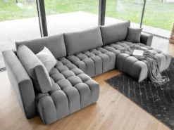 Canapé D'angle Droit Panoramique Convertible En Velours Gris ESILIA