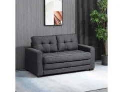 Canapé Convertible 2 Places Design Contemporain Assise Dossier Capitonnés Polyester Aspect Lin Gris