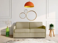 Canapé 4 Places Convertible Express En Tissu CALIFE - Beige - Couchage à Lattes Larges 160 Cm - Matelas 14 Cm