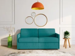 Canapé 4 Places Convertible Express En Tissu CALIFE - Turquoise - Couchage à Lattes Larges 160 Cm - Matelas 14 Cm