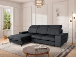 Canapé D'angle Gauche Convertible En Velours Gris Anthracite SANTANA