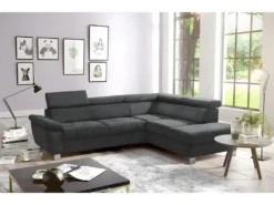 Canapé D'angle En Tissu Velours Luxe 5 Places LUGO Gris Foncé, Angle Droit