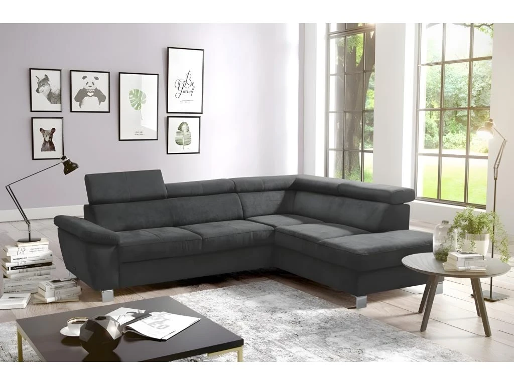 Canapé D'angle En Tissu Velours Luxe 5 Places LUGO Gris Foncé, Angle Droit 1 Canapé D'angle En Tissu Velours Luxe 5 Places LUGO Gris Foncé, Angle Droit
