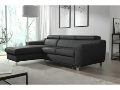 Canapé D'angle Convertible En Cuir Italien De Luxe 5 Places ASTORIA, Noir, Angle Gauche