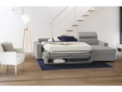 Canapé Daasen, Canapé D'angle, 100% Made In Italy, Canapé Avec Ouverture Pivotante, Avec Péninsule Conteneur Droite, Avec Accoudoirs Fins, Cm 260x95h85, Gris