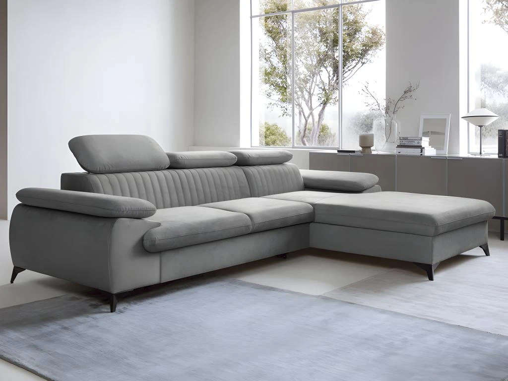 Canapé D'angle Droit Convertible En Velours Gris Clair SAMARA De Pascal Morabito 6 Canapé D'angle Droit Convertible En Velours Gris Clair SAMARA De Pascal Morabito – Image 6