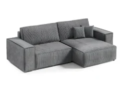 Canapé D'angle Réversible Et Convertible 3 Places Avec Coffre Isaac Mini Velours Côtelé Gris