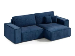 Canapé D'angle Réversible Et Convertible 3 Places Avec Coffre Isaac Mini Velours Côtelé Bleu