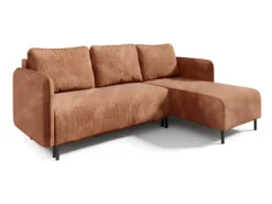 Canapé D'angle Réversible Et Convertible 3 Places Avec Coffre Robin Velours Côtelé Orange Brique