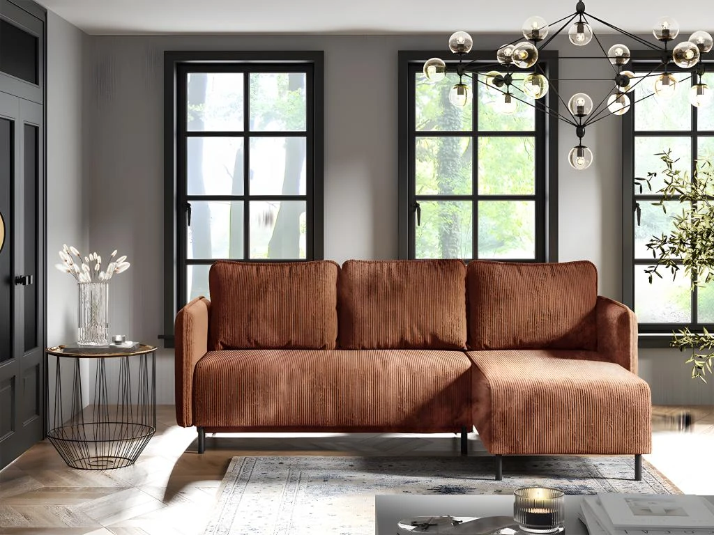 Canapé D'angle Réversible Et Convertible 3 Places Avec Coffre Robin Velours Côtelé Orange Brique 2 Canapé D'angle Réversible Et Convertible 3 Places Avec Coffre Robin Velours Côtelé Orange Brique – Image 2