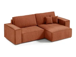 Canapé D'angle Réversible Et Convertible 3 Places Avec Coffre Isaac Mini Velours Côtelé Orange Brique