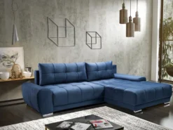 Canapé D'angle Droit Convertible En Velours Bleu Nuit OVADA