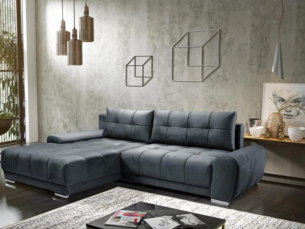 Canapé D'angle Gauche Convertible En Velours Gris Anthracite OVADA 10 Canapé D'angle Gauche Convertible En Velours Gris Anthracite OVADA – Image 10