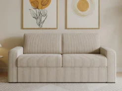 Canapé 3 Places Convertible Express En Velours Côtelé Crème - Couchage 140 Cm - Matelas 14 Cm - BEVIS -Canapé Soldes Boutique canape 13670849