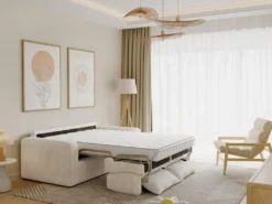 Canapé 3 Places Convertible Express En Velours Côtelé Crème - Couchage 140 Cm - Matelas 14 Cm - BEVIS -Canapé Soldes Boutique canape 13670853