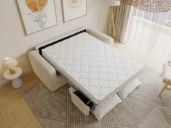 Canapé 3 Places Convertible Express En Velours Côtelé Crème - Couchage 140 Cm - Matelas 14 Cm - BEVIS -Canapé Soldes Boutique canape 13670857