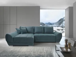 Canapé D'angle Gauche Convertible En Velours Bleu Canard PADRU