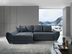 Canapé D'angle Gauche Convertible En Velours Gris Anthracite PADRU