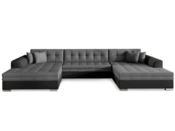 Canapé Panoramique D'angle Convertible Vento Simili Noir Et Tissu Gris Foncé