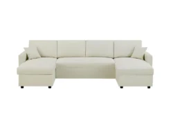 Canapé D'angle Convertible Panoramique + 2 Coffres De Rangement + 2 Coussins - Tissu Beige - L 300 X P 148 X H 83 Cm - OWENS