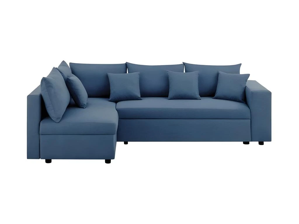 Canapé D'angle Gauche Convertible + Coffre De Rangement + 4 Coussins - Tissu Bleu - OWENS 1 Canapé D'angle Gauche Convertible + Coffre De Rangement + 4 Coussins - Tissu Bleu - OWENS