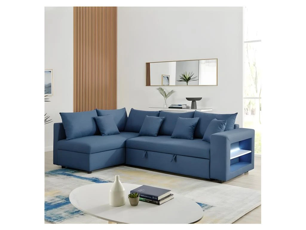 Canapé D'angle Gauche Convertible + Coffre De Rangement + 4 Coussins - Tissu Bleu - OWENS 2 Canapé D'angle Gauche Convertible + Coffre De Rangement + 4 Coussins - Tissu Bleu - OWENS – Image 2