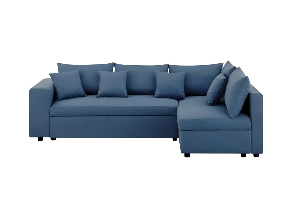 Canapé D'angle Droite Convertible + Coffre De Rangement + 4 Coussins - Tissu Bleu - OWENS 1 Canapé D'angle Droite Convertible + Coffre De Rangement + 4 Coussins - Tissu Bleu - OWENS
