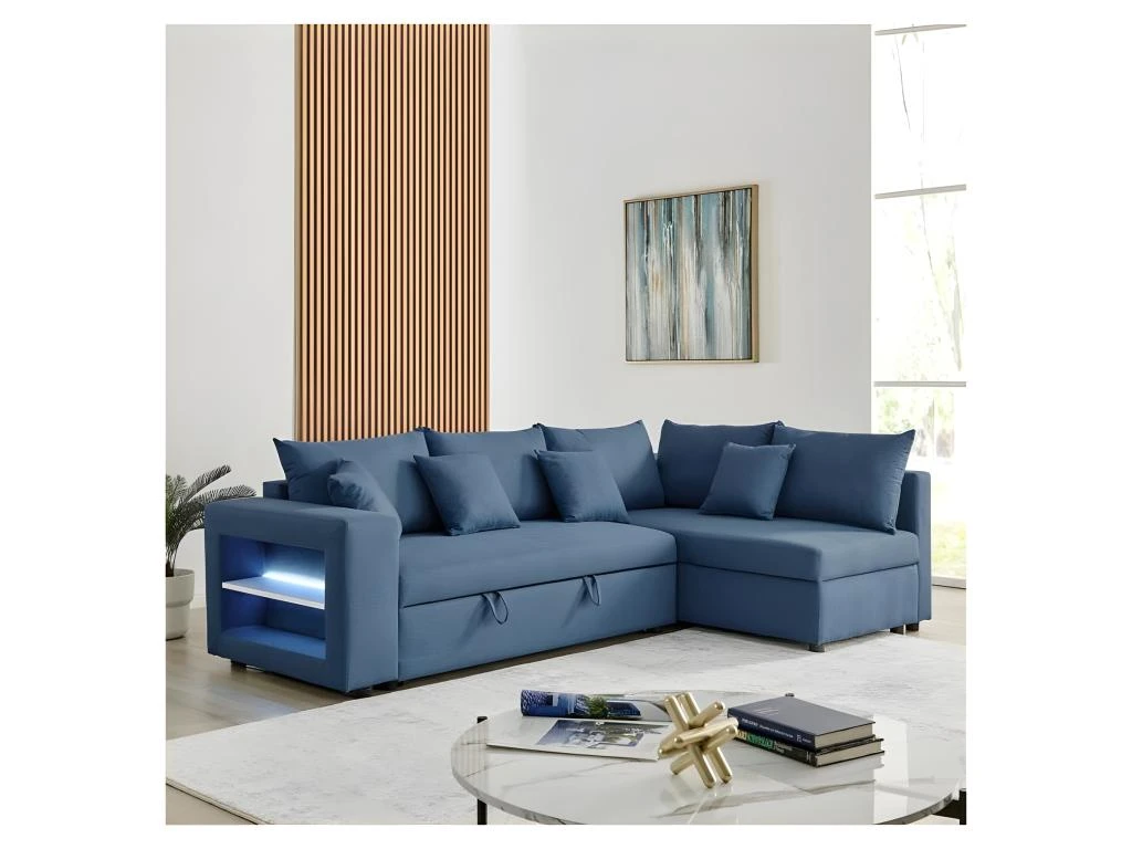 Canapé D'angle Droite Convertible + Coffre De Rangement + 4 Coussins - Tissu Bleu - OWENS 2 Canapé D'angle Droite Convertible + Coffre De Rangement + 4 Coussins - Tissu Bleu - OWENS – Image 2