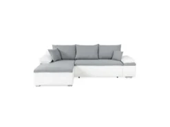 Canapé D'angle Réversible Convertible 3 Places+Coffre - Simili Blanc Et Tissu Gris - CELINA - L 274 X P 184 Cm