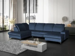 Canapé D'angle Panoramique Gauche Convertible En Velours Bleu Nuit SANTANA