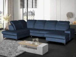 Canapé D'angle Panoramique Gauche Convertible En Velours Bleu Nuit SANTANA -Canapé Soldes Boutique canape 14022291